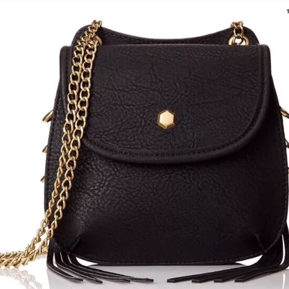 BIG BUDDHA Kara Black Crossbody Purse Studded Fringe Faux Leather Bag Chain